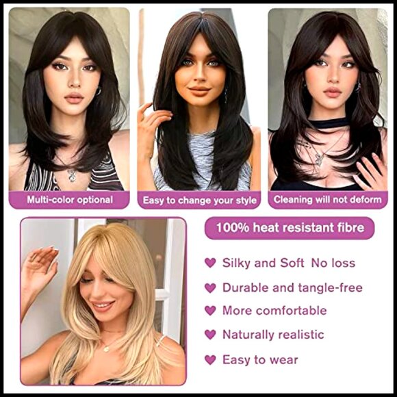 Long Straight Layered Synthetic Wig with Bangs Heat Resistant Daily Party Wear